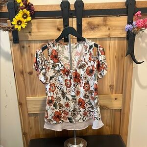 NAIF Floral Cold-Shoulder Blouse in Orange and White